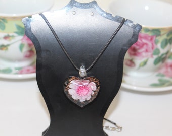 Heart shaped Murano glass pendant on black cord necklace