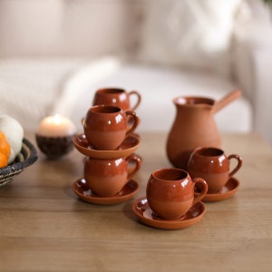 Conjunto de xícaras de barro artesanais - Conjunto de café de barro para 6 pessoas, xícara de café, conjunto de café turco, café da Anatólia, produto de barro, presente de casamento, vidro