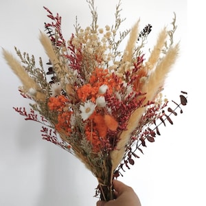 Fall dried flower bouquet Autumn preserved flower arrangement Orange red white wildflower home decor floral wall art 25-30 stems Rhodanthe