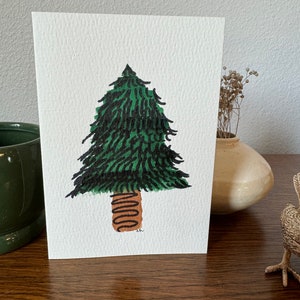 Cartão de felicitações Pinetree em aquarela original pintado à mão - em branco com envelope branco - 3,5" x 5"
