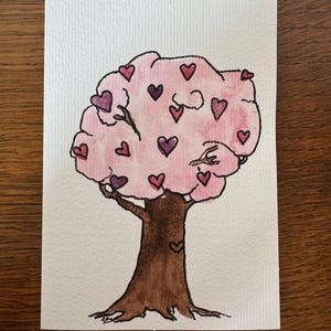 Tarjeta de felicitación original de árbol del amor, pintada a mano, en acuarela, en blanco con sobre blanco, 15 x 10 cm