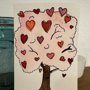 Tarjeta de árbol del amor original pintada a mano con acuarela. En blanco con sobre blanco. 6 x 4 pulgadas.