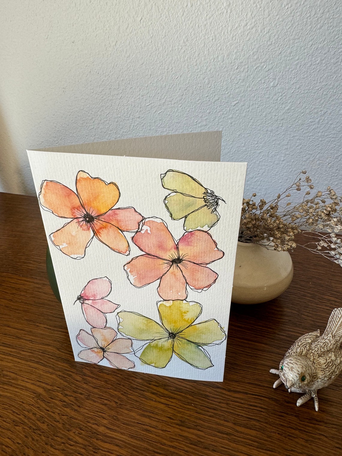 Hand-painted Original Watercolor Floral Greeting Card Blank With White ...
