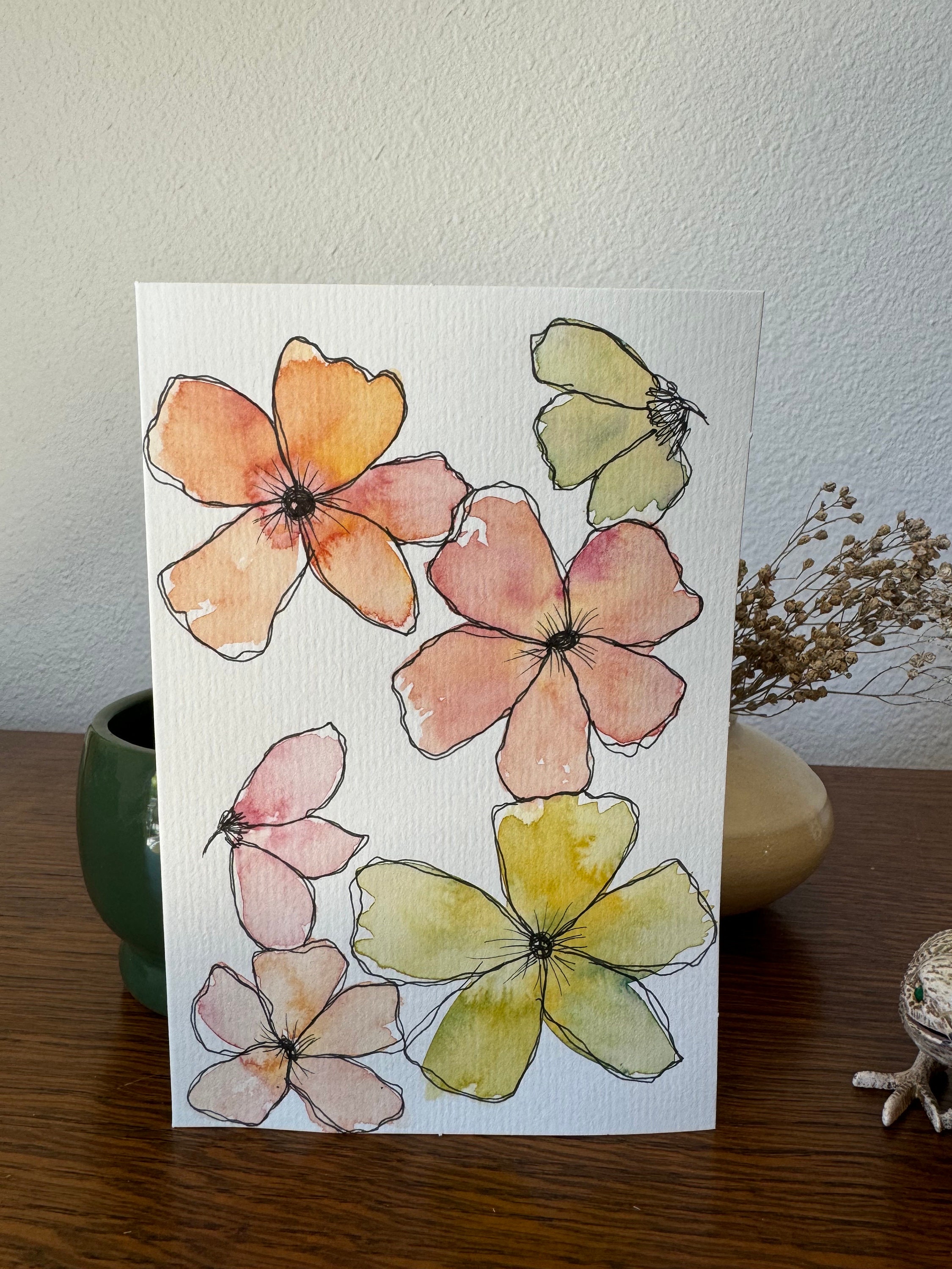 Hand-painted Original Watercolor Floral Greeting Card Blank With White ...