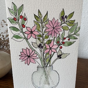 Handgemalte Original Aquarell Blumen Grußkarte - Blanko mit weißem Umschlag - 15 x 10cm