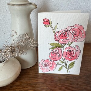 Tarjeta de felicitación original de rosa en acuarela pintada a mano - En blanco con sobre blanco - 6” x 4”