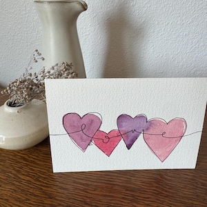 Tarjeta de felicitación de amor original en acuarela, pintada a mano, en blanco con sobre blanco, 15 x 10 cm