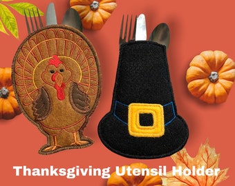 May include: Two felt utensil holders, one shaped like a brown turkey with a fanned tail and the other shaped like a black pilgrim hat with a yellow buckle. Both holders contain a silver fork, knife, and spoon. Text reads: Thanksgiving Utensil Holder.