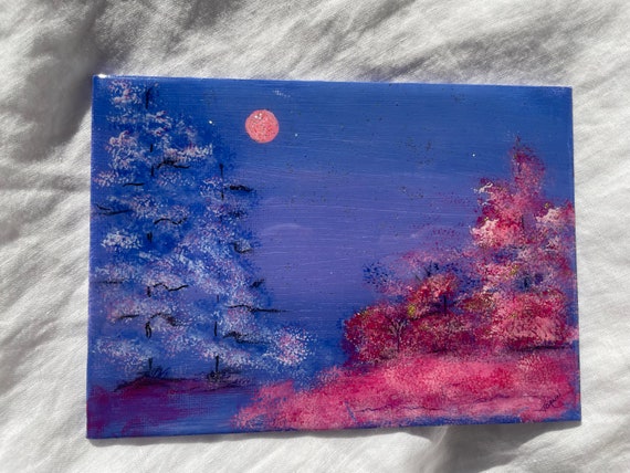 8x5in art, acrylic Paint, canvas decor, home decor, acrylic art, handmade  art, Nature, Moon, Trees, Office Decor, pink decor, winter decor