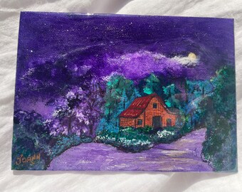 5 x 7 in art, canvas art, Acrylic Painting, Art, Home Decor, barn painting, Naturescape, Meadow, original, wall art, purple decor, purple