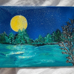 5 x 7 in painting, Acrylic Paint, Original Art, wall art, Home Decor, Wall Decor,  Naturescape, Trees art, moon painting, glitter