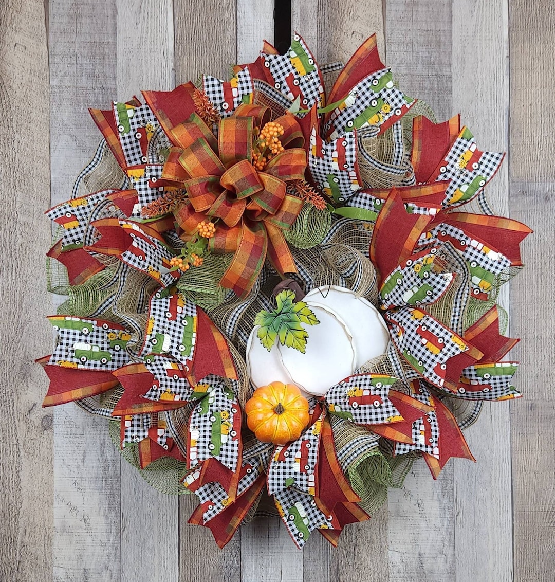 Fall Pumpkin Truck Mesh Wreath, Farmhouse Autumn Door Hanger - Etsy