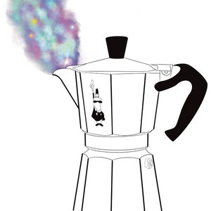 Puede incluir: Una ilustración en blanco y negro de una cafetera de espresso para la estufa con un personaje de dibujos animados caprichoso en el lateral. Una nube giratoria de púrpura, azul y verde representa el vapor que sale del pico.
