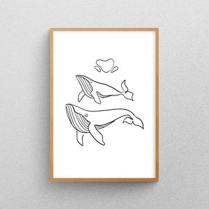 Blauwal Paar Digitaler Wanddruck Line Art Abstrakte Zeichnung, Minimalistisch
