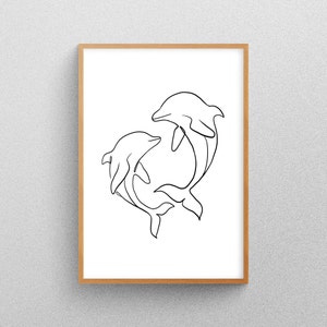 Dolphin Pair Digital Wall Print Line Art Abstract Drawing, Minimalistic