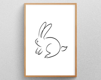 Rabbit Line Art, Nursery Wall Art, Animales lindos, Minimalista, Abstracto