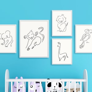Set of 5 Animal Line Art, Nursery Wall Art, Safari Animals, Minimalistic, Abstract