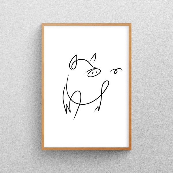 Pig Line Art, Art mural de pépinière, Animaux de ferme, Minimaliste, Abstrait, Dessin au trait