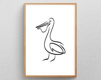 Pelican Line Art, Nursery Wall Art, Animali da spiaggia costieri, Minimalista, Astratto