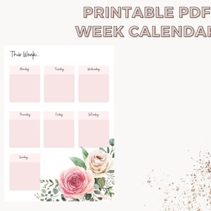 printable A4 pdf pink floral week calendar