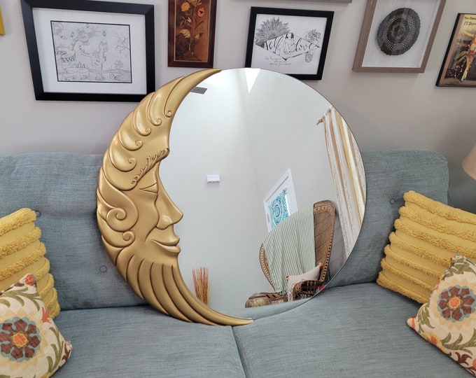 Gold Moon Mirror Large 39 Round Vintage Mirror, Half Moon Face, Celestial Wall Mirror Etsy
