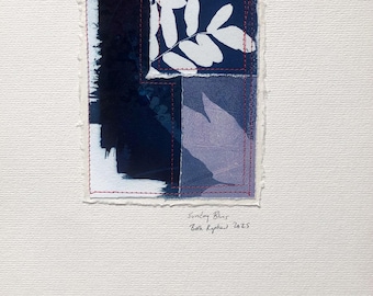 Cyanotype Collage, with Stitching: Sunday Blues 2025
