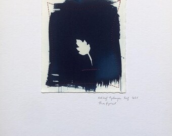 Original Cyanotype Print, with Stitching: Oakleaf Hydrangea Leaf 2025