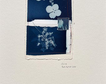 Cyanotype Collage, with Stitching: Swerve 2025