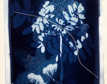 Original Cyanotype Print, with Stitching: Family 2025