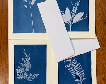 Sets of handmade cards featuring original cyanotype art, set of four with envelopes