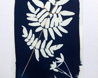 Original Cyanotype Print, with Stitching: Conversation 2025
