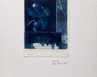 Cyanotype Collage, with Stitching: Serenity 2025