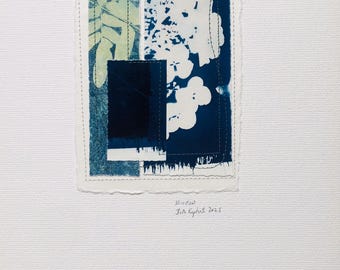 Cyanotype Collage, with Stitching: Window 2025