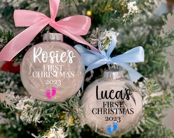 Personalised baby’s first Christmas 2022 bauble | Christmas tree | decoration | pink | blue | child | ribbon | hanging | daughter | son name