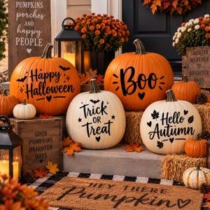 May include: A collection of orange and white pumpkins decorated with black text and symbols including Happy Halloween, Boo, Trick or Treat, and Hello Autumn. The pumpkins are arranged on a porch with wooden signs, lanterns, and a doormat.