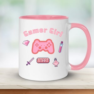 Gamer Girl mug featuring a stylish design with a playstation controller and the text "gamer girl" on a white background - perfect  gift for any female gamer who enjoys a morning coffee while gaming