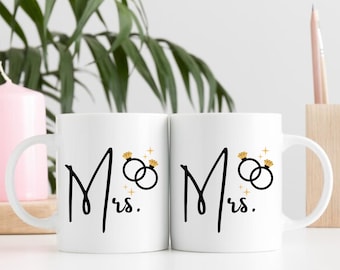 Mrs. and Mrs. Matching Mug Set, Lesbian Wedding Gift, 11oz Ceramic