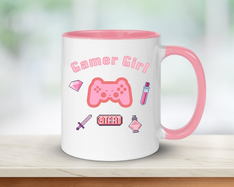 Gamer Girl mug featuring a stylish design with a playstation controller and the text "gamer girl" on a white background - perfect  gift for any female gamer who enjoys a morning coffee while gaming