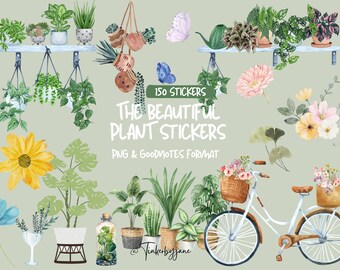 May include: A set of 150 watercolor plant stickers in PNG and Goodnotes format. The stickers feature a variety of plants, flowers, and other botanical elements, including a bicycle with a basket of flowers, a sunflower, and a potted plant with a butterfly.
