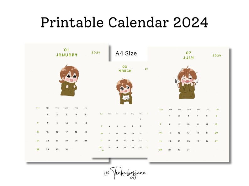 Printable Calendar 2024 Cute Cartoon Minimalist A4 Portrait Download