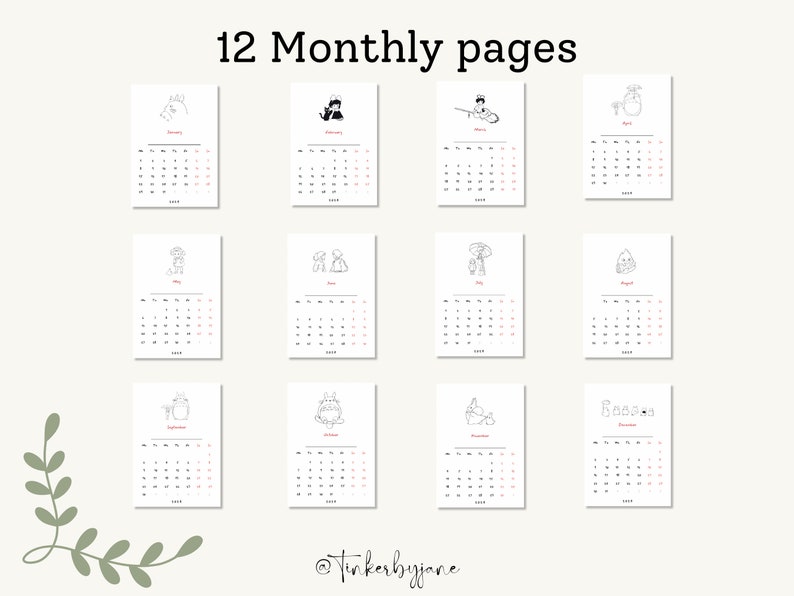 Printable Calendar 2024 Cute Anime Character Ghibli Anime Etsy