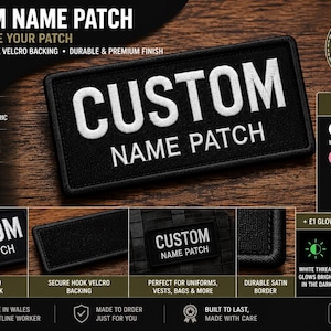 May include: A rectangular black custom name patch with white embroidered text reading CUSTOM NAME PATCH. The patch features a satin border and hook velcro backing, measuring 100 x 60 mm. It includes options for various thread colours and glow-in-the-dark.