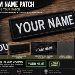 May include: A rectangular black custom name patch measuring 100 x 30 mm with white embroidered text reading YOUR NAME. The patch features a durable cordura fabric base, an embroidered satin border, and a hook velcro backing for secure attachment.
