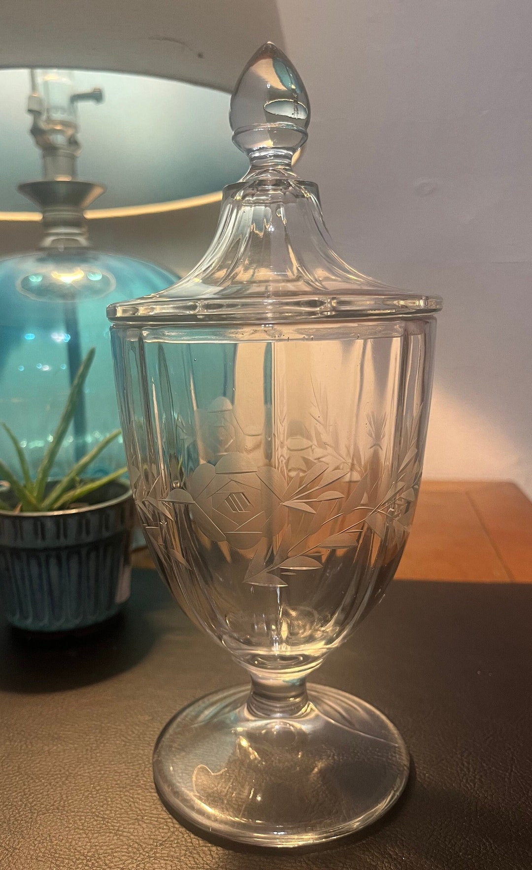 Vintage Crystal Pedestal Candy Jar Rose Etched Glass Art. Etsy