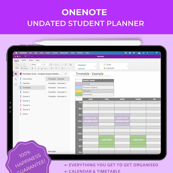 OneNote College Student Planner, Digital Academic Notebook, Semester Timetable, Lecture Notes, Revision & Study Log, Group Work Template,