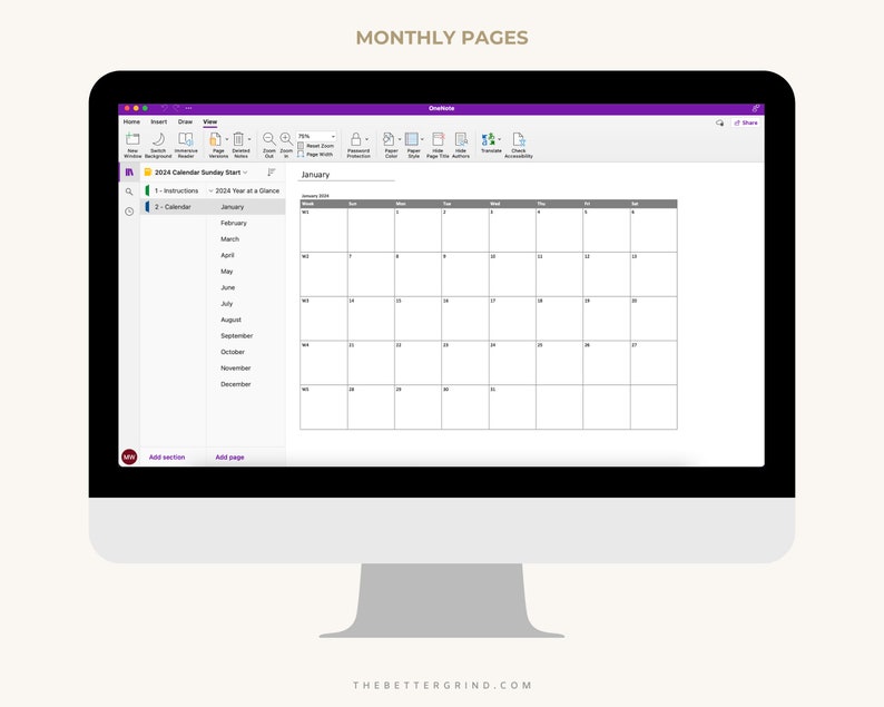 2024 Editable Sunday Start Onenote Calendar, Yearly and Monthly