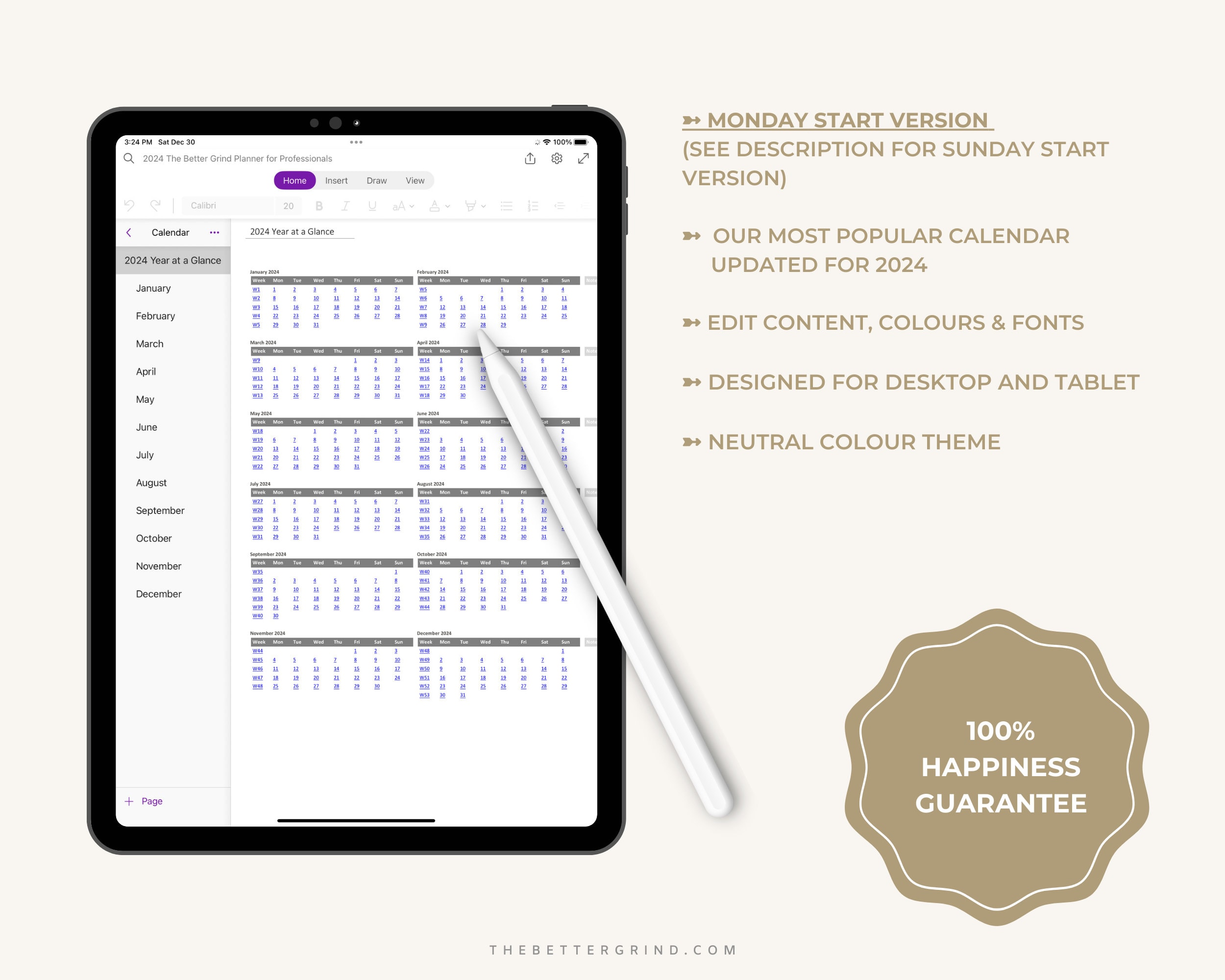 2024 Editable Onenote Calendar, Yearly and Monthly Calendar for