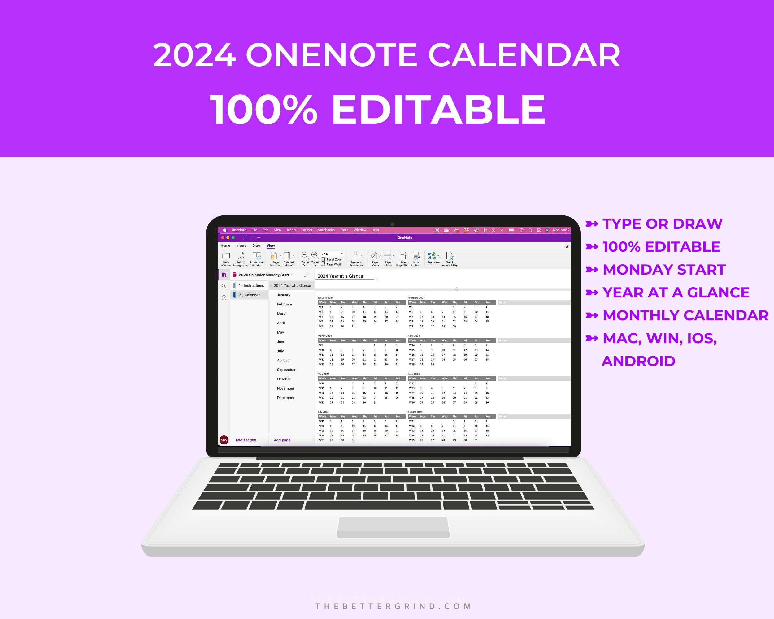 2024 Editable Onenote Calendar, Yearly and Monthly Calendar for