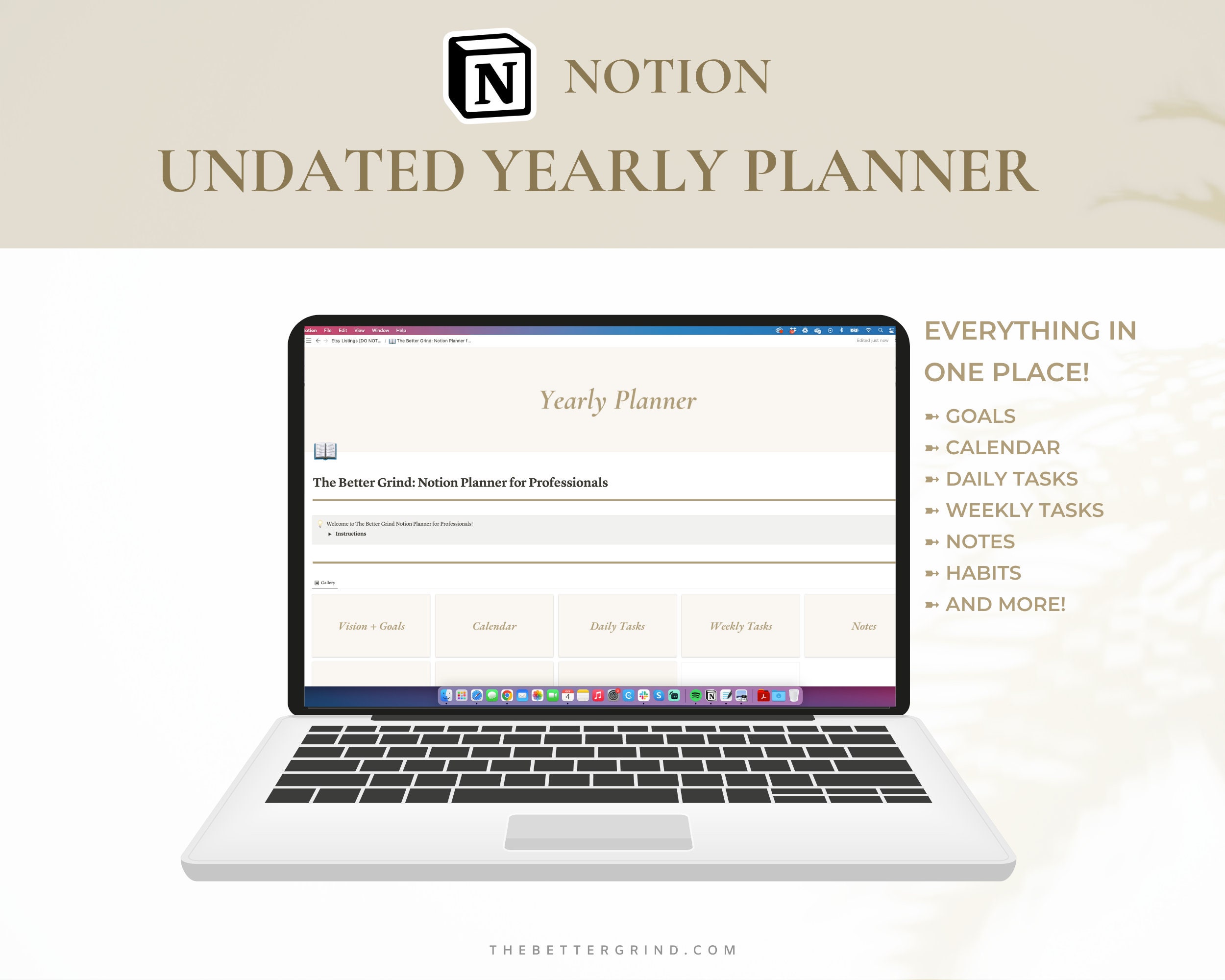 Notion Yearly Planner Template, Undated Minimalist Work Planner, Simple