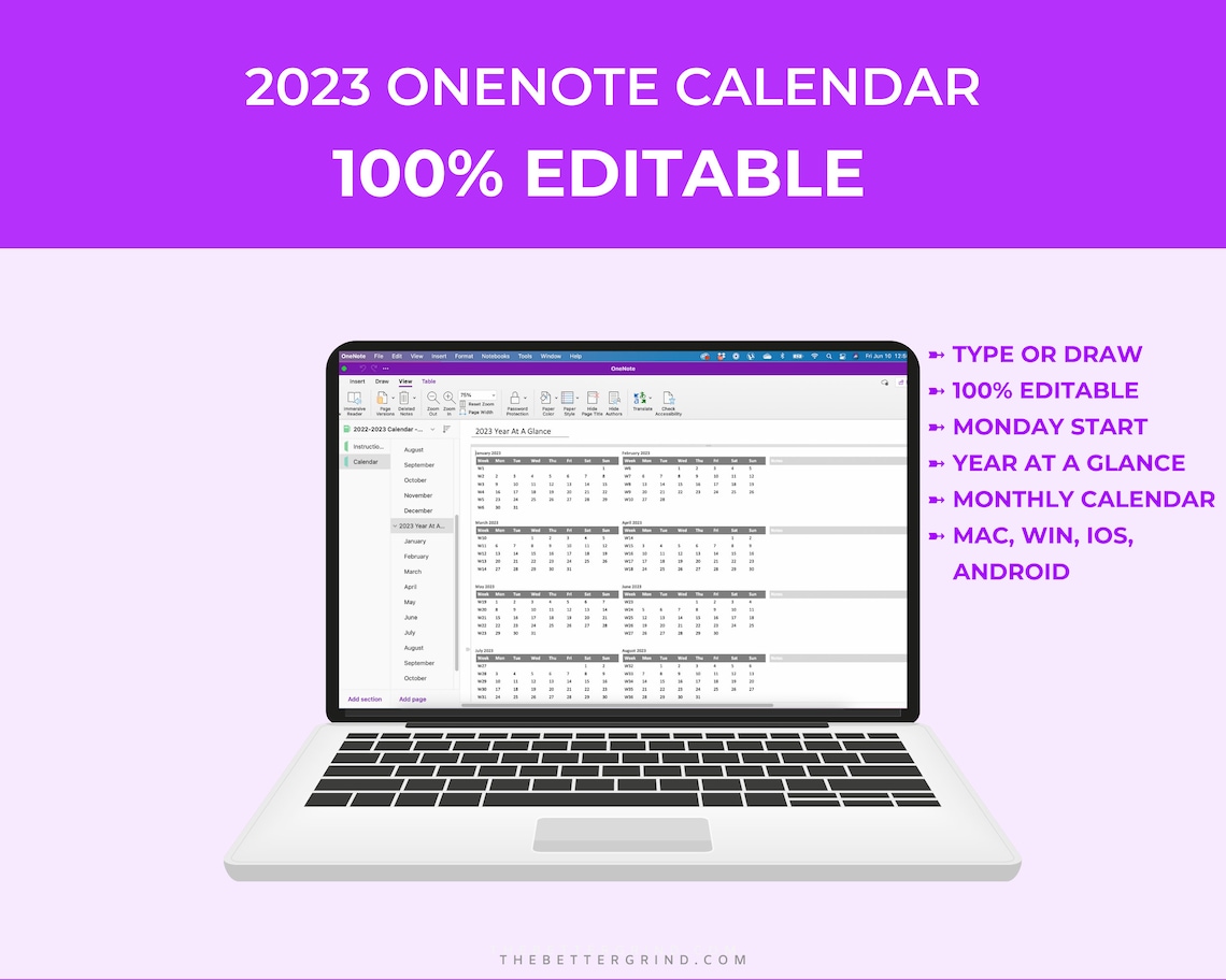 2023 Editable Onenote Calendar Yearly and Monthly Calendar for